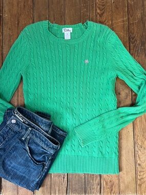 Vintage 90s Lilly Pulitzer Bright Green Cable-Knit Crewneck Sweater cotton